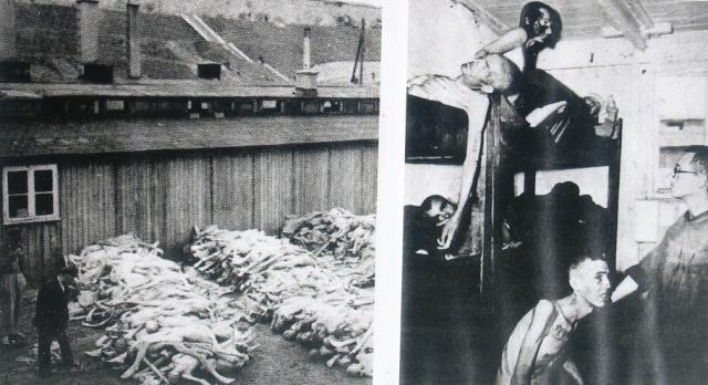 Mucchio di cadaveri al campo malati (Revier) e alcuni moribondi soccorsi da un infermiere americano.