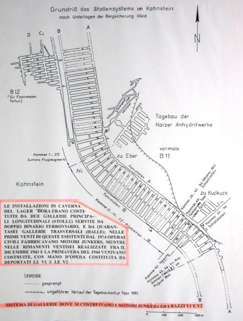 il  sistema di gallerie dove si costruivano i motori “Junkers” e i razzi V1 e V2. 