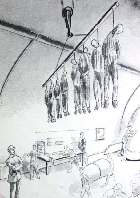 disegno del deportato CARLO SLAMA – Dora, matricola 76374 – “Impiccagioni in galleria”, quale monito per i deportati nel caso intendessero attuare azioni di sabotaggio